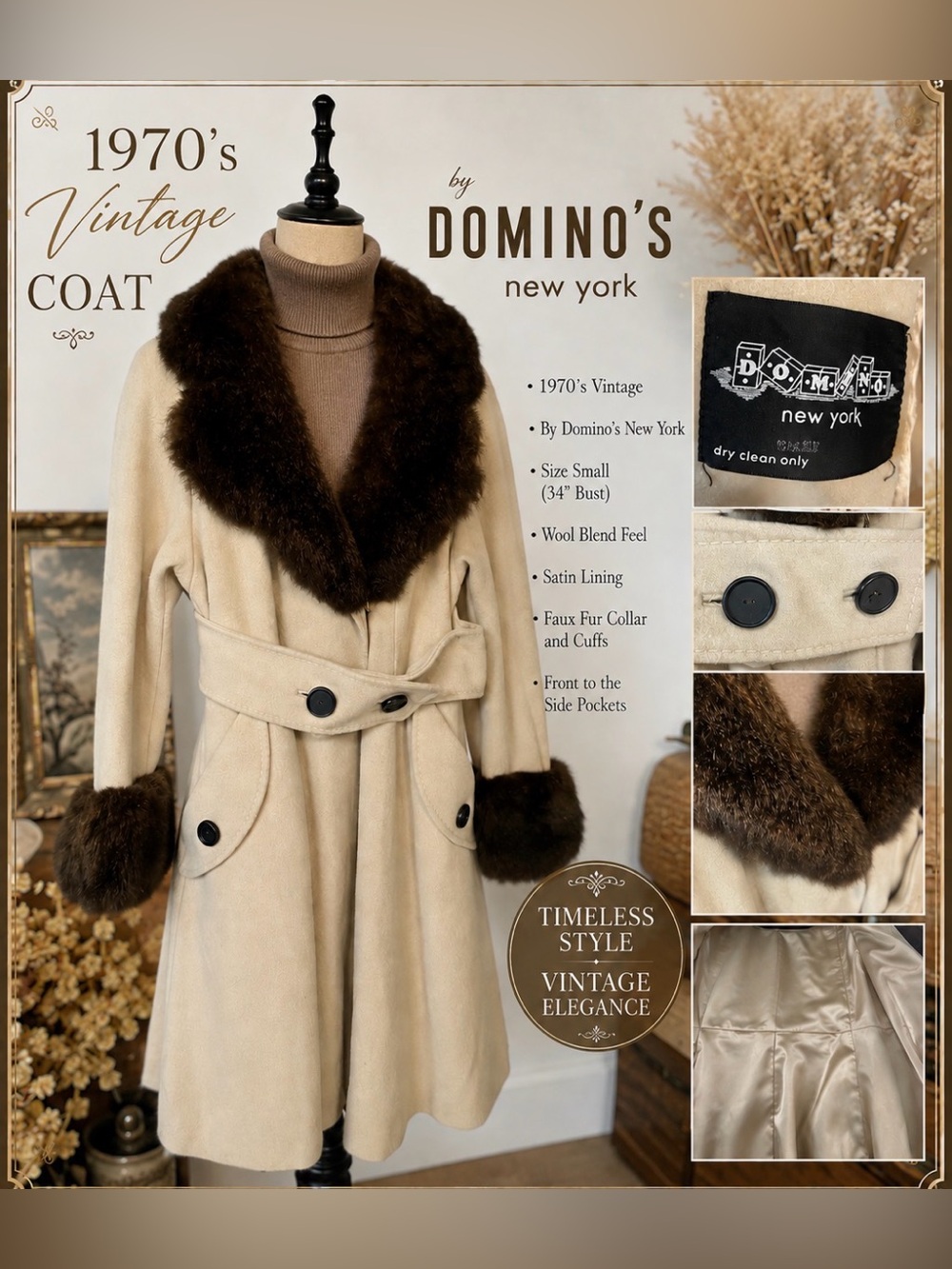 Vintage 70’s- Domino’s NY- Cream Faux-FurTrim Vintage Coat